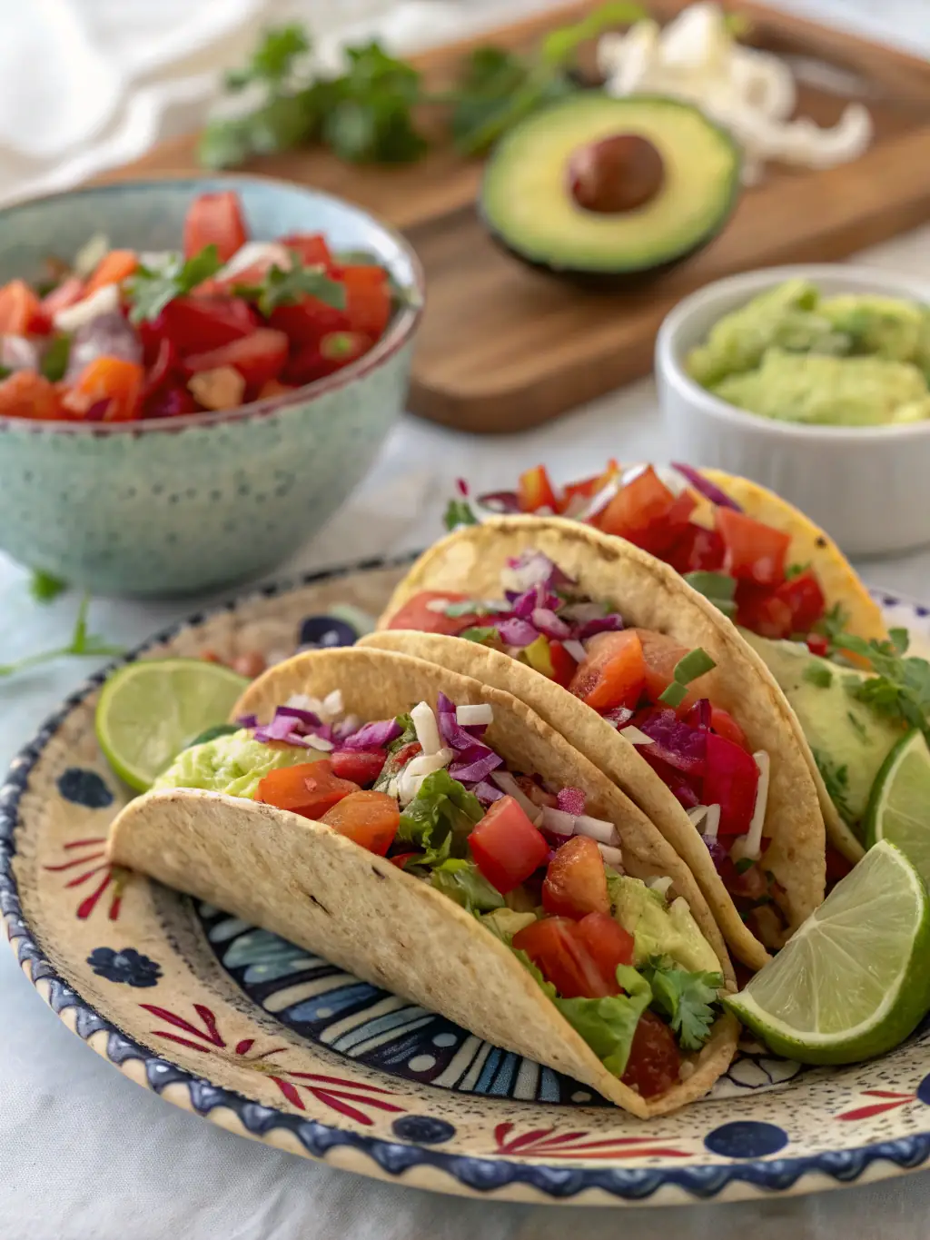 A visually appealing photo of LABSTARDA's street-style tacos, showcasing a variety of fillings like carne asada, al pastor, and vegetarian options, garnished with cilantro, onions, and a squeeze of lime.