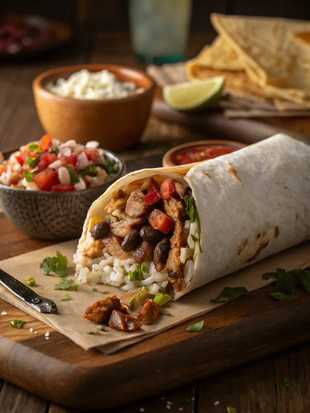 A close-up shot of a fully loaded LABSTARDA burrito, showcasing the vibrant colors of the fresh ingredients like grilled chicken, rice, beans, pico de gallo, and a drizzle of spicy chipotle sauce.