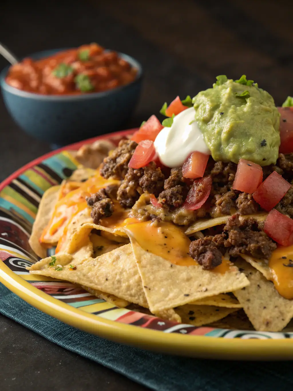 A tempting image of LABSTARDA's loaded nachos, featuring crispy tortilla chips piled high with melted cheese, seasoned ground beef, black beans, guacamole, sour cream, and jalapeños.